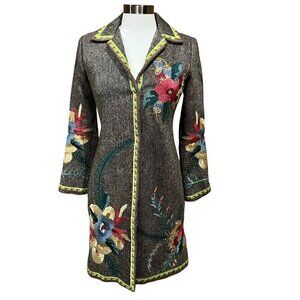 Johnny Was Biya Embroidered Wool Blend Coat Gray Floral Boho Size S